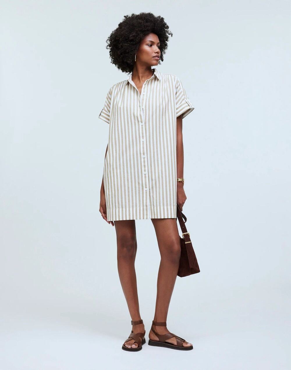 Madewell Striped Shirt Dress Tan White Mini Button Front Short Sleeve Size XXS